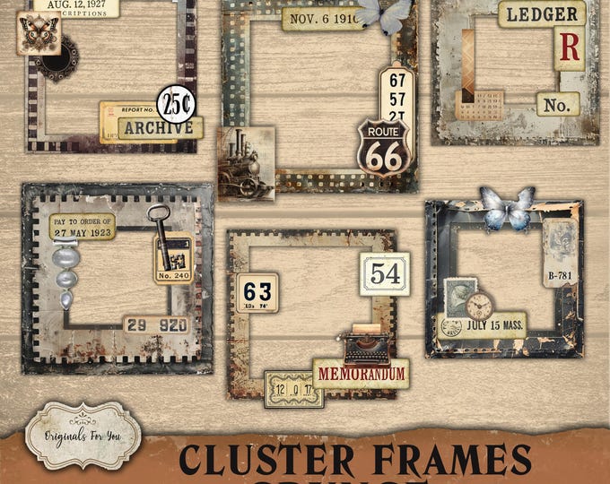 GRUNGE Cluster Curated Frames—Vintage Printable Frames with Ephemera, for Junk Journals, Scrapbooking. Create your own cluster Frames