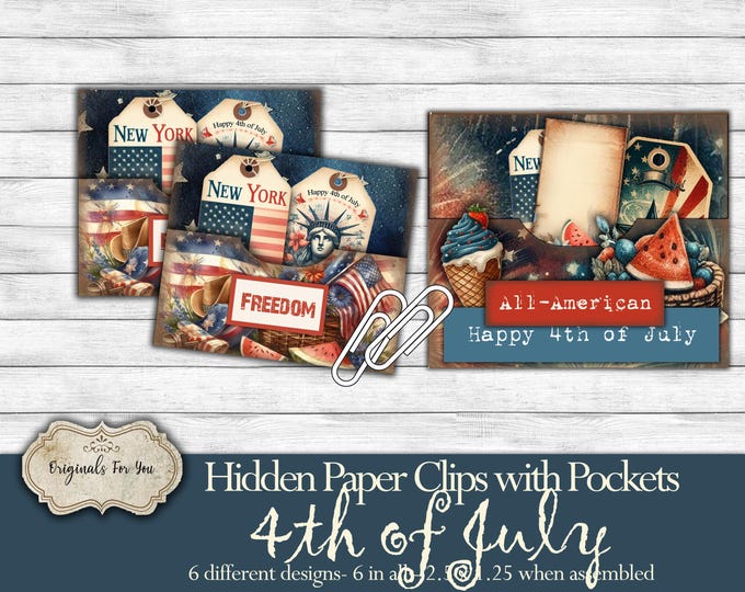 Hidden PAPER CLIPS with POCKETS "4th of July" for Junk Journals, papers and Books, use for book markers or tabs