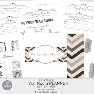 Puede incluir: Planificador imprimible de 17 páginas con un patrón de chevron y el texto "My War Room Planner" en forma de nube. El planificador incluye secciones para oraciones, notas de sermones y personas por las que orar.