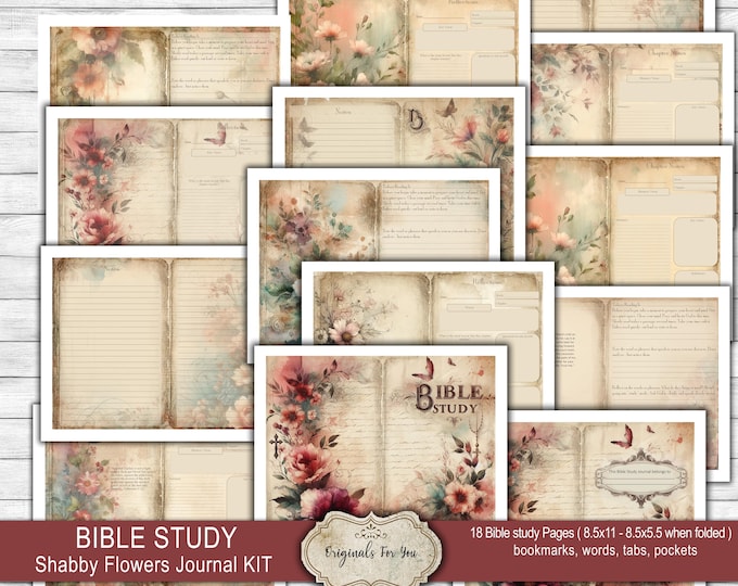 BIBLE STUDY Journal kit, Shabby CHIC Christian, Collage Sheet, Digital Download, Printable, Bible Verses, Prayer, Bible, bookmarks