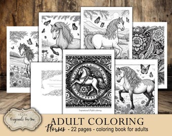 HORSES- Printable Adult Coloring, Adult inspirational coloring book digital download, Relaxation and Stress Relief, equestrian