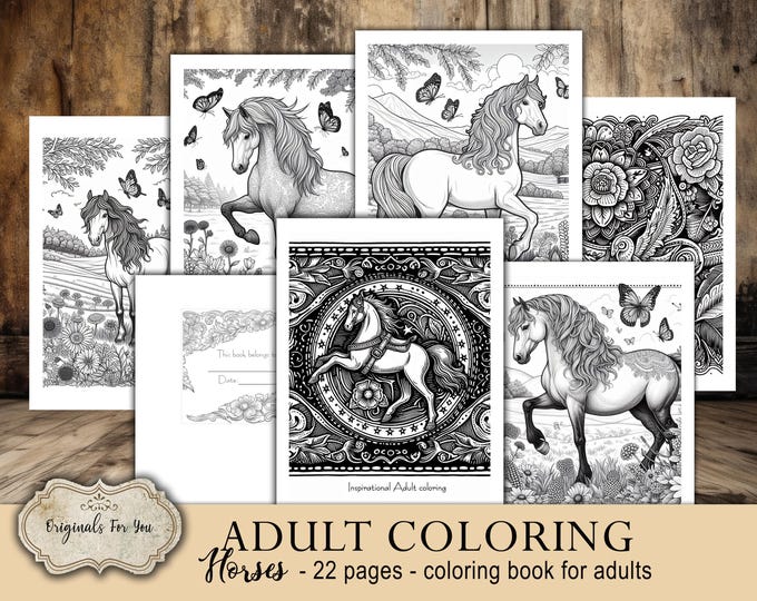 HORSES- Printable Adult Coloring, Adult inspirational coloring book digital download, Relaxation and Stress Relief, equestrian