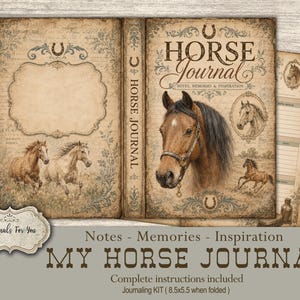 Puede incluir: Un kit de diario con una cubierta de estilo vintage que presenta un retrato de caballo marrón, caballos corriendo y el texto HORSE JOURNAL NOTES, MEMORIES & INSPIRATION. El kit incluye una página con pestañas y una etiqueta Originals For You, 21,6x14 cm.