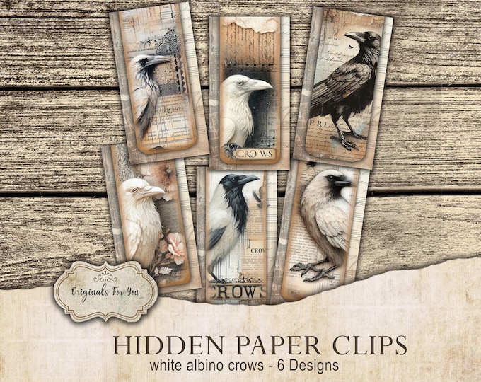HIDDEN PAPER CLIPS for Junk Journals, papers and Books, "Albino Crows" use for book markers or tabs