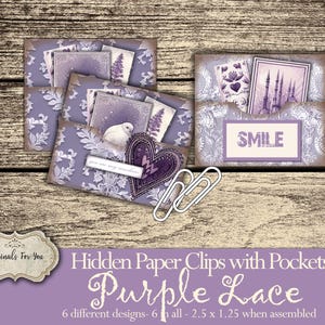 Hidden PAPER CLIPS with POCKETS for Junk Journals, papers and Books, "Purple Lace" use for book markers or tabs