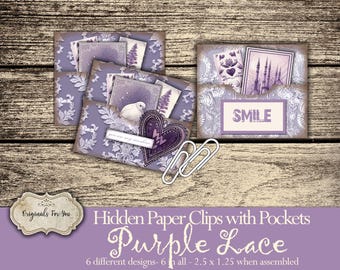 Hidden PAPER CLIPS with POCKETS for Junk Journals, papers and Books, "Purple Lace" use for book markers or tabs
