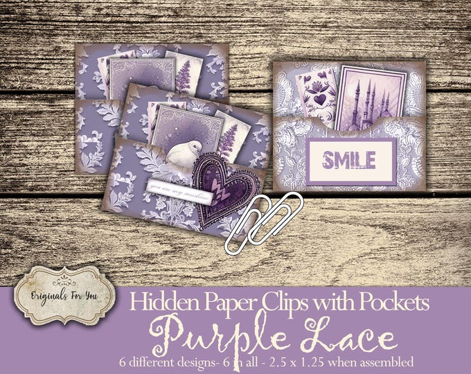 Hidden PAPER CLIPS with POCKETS for Junk Journals, papers and Books, "Purple Lace" use for book markers or tabs