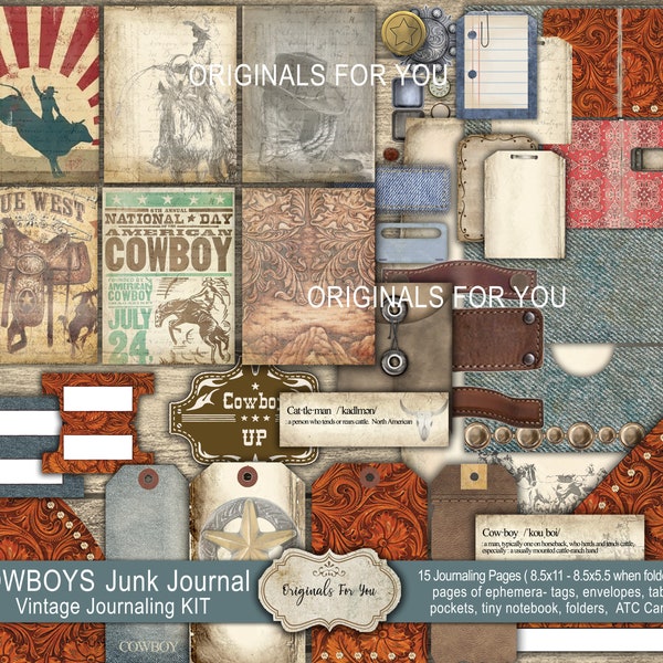 COWBOY'S Vintage Journaling Kit, Vintage Journaling Kit, equestrian, Cowboy Ephemera, Tags, Digital Download, Junk Journal Kit, Western