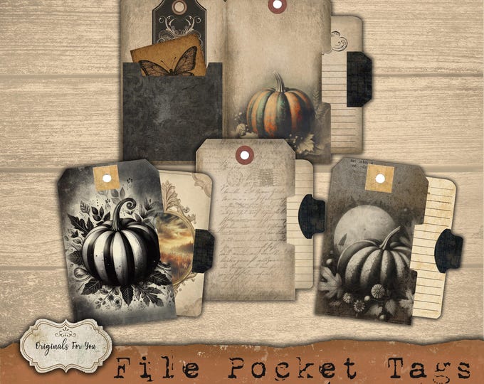 Pocket Tags- GRUNGE Fall/Autumn, Vintage, File Folder Tags with Inserts, Junk Journal, Ephemera