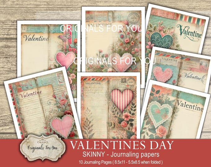 VALENTINES DAY Skinny Junk Journal Papers, Valentine themed junk journal, shabby chic, antique, digital download