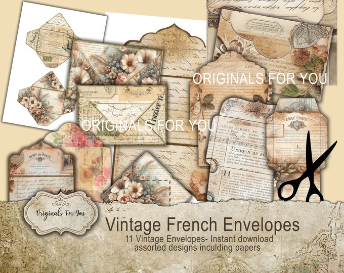 FRENCH VINTAGE ENVELOPES, shabby chic, junk journal, printable, collage sheets, ephemera