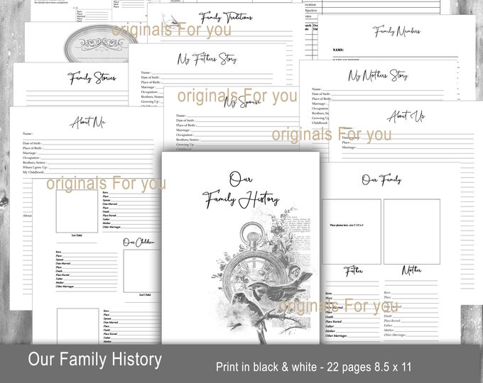 Family History, Black & White, Story, Family Tree, Kit, Scrapbook, Genealogy, Chart, Shabby, Printable, Digital Download, vintage, 8x11