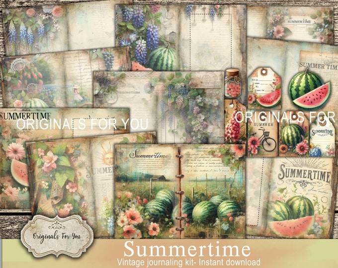 SUMMERTIME junk journal kit, shabby chic, antique, summer, summertime, download and print, scrapbooking