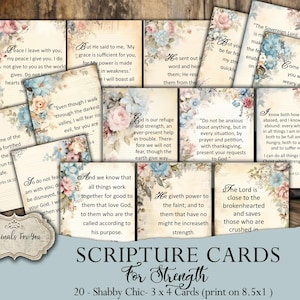 SHABBY CHIC christelijke afdrukbare schriftkaarten voor STERKTE, ongewenste dagboekkaarten, collageblad, digitale download, afdrukbare gebedskaarten