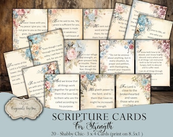 SHABBY CHIC Christian Printable Scripture Cards for STRENGTH, Junk Journal cards, Collage Sheet, Digital Download, Printable Prayer Cards