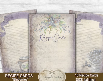 Recipe Cards (Blueberries), Scrapbook, Antique tea stained, ephemera, junk journal, download, digital collage sheet, ATC, grunge, printable.