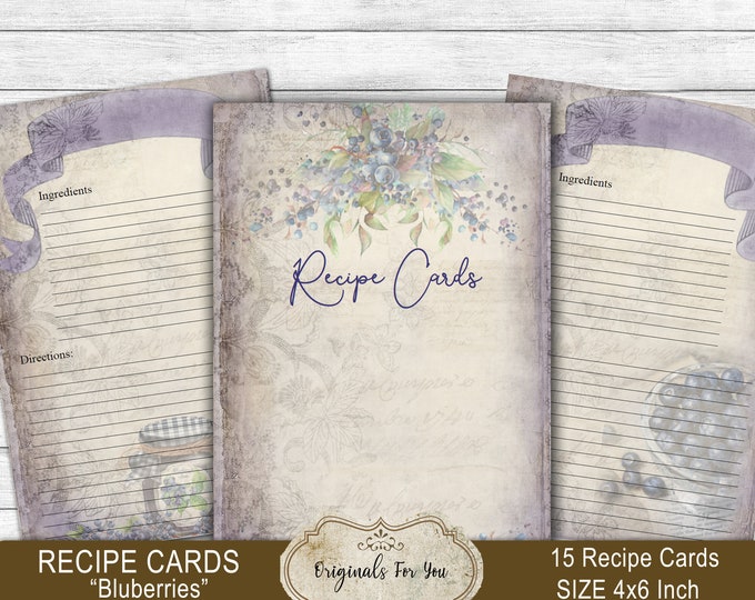 Recipe Cards (Blueberries), Scrapbook, Antique tea stained, ephemera, junk journal, download, digital collage sheet, ATC, grunge, printable.