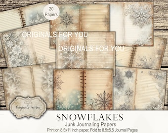 Junk Journaling Papers - SNOWFLAKES - Journal kit, Collage Sheet, Digital Download, Printable, Vintage, Watercolor