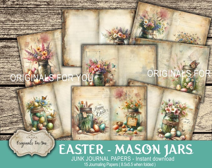 EASTER - MASON JARS- Junk Journaling Papers, Ephemera, Shabby, Vintage, Printable, Digital Download
