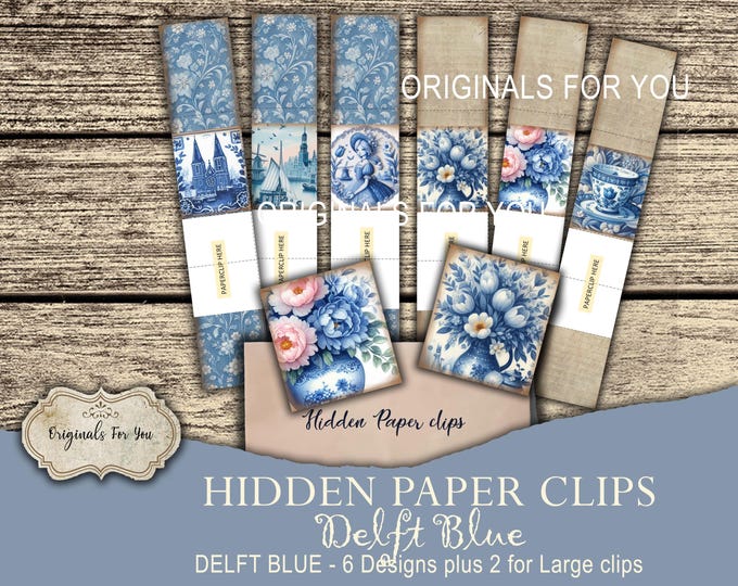 HIDDEN PAPER CLIPS for Junk Journals, papers and Books, "Delft Blue" use for book markers or tabs