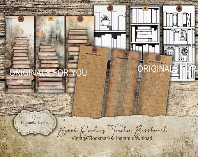 Book Reading Tracker BOOKMARK, Printable Bookshelf Bookmarks, Vintage and Black & white, Book tracker, Digital download