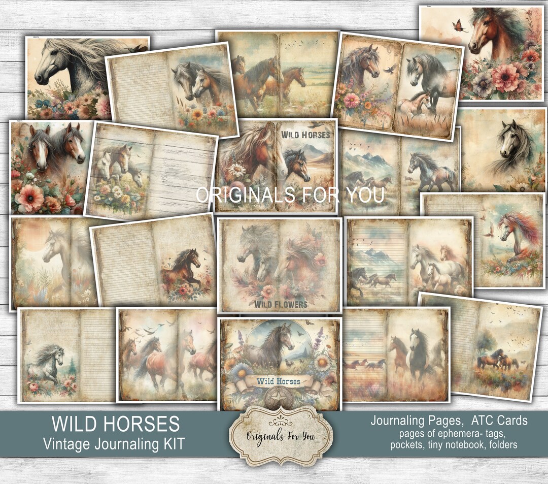 WILD HORSES Vintage Watercolor Junk Journal KIT Shabby Printable 