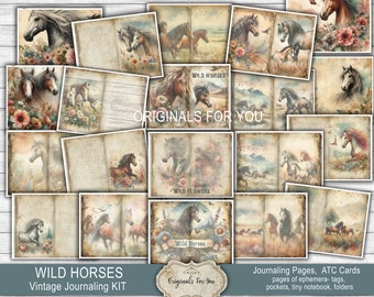 WILD HORSES vintage aquarelle Junk Journal KIT, minable, imprimable, téléchargement numérique, équestre, éphémères de cheval, étiquettes, Western