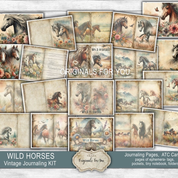 WILD HORSES Vintage Watercolor Junk Journal KIT, Shabby, Printable, Digital Download, equestrian, Horse Ephemera, Tags, Western