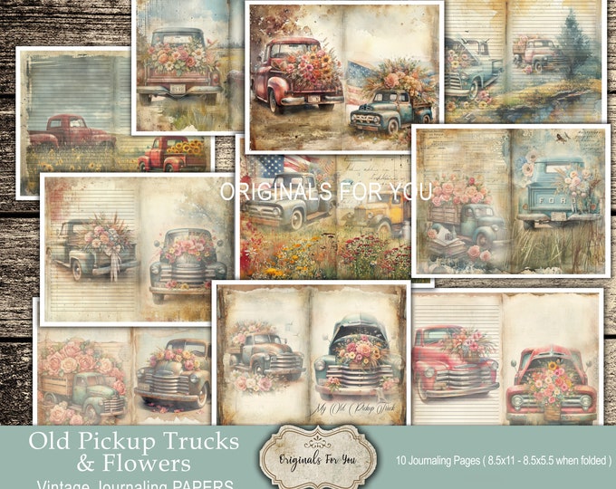 VINTAGE Watercolor Old Pickup Trucks and flowers Junk Journal pages, Collage Sheet, Digital Download, Printable