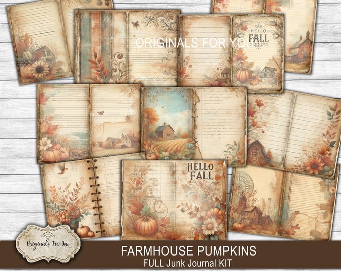 FARMHOUSE PUMPKINS -Beautiful vintage, FULL fall journaling kit, crafting cards and ephemera for your scrapbooking