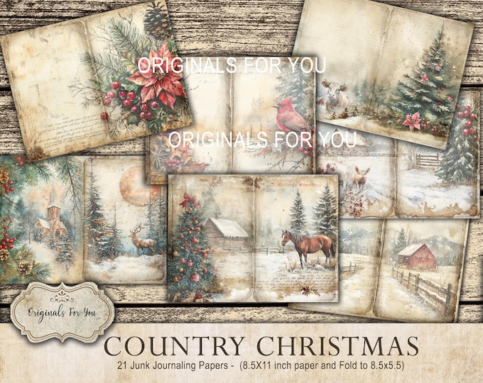 Junk Journaling Papers - "A Country CHRISTMAS" - Journal kit, Collage Sheet, Digital Download, Printable, Vintage, Watercolor