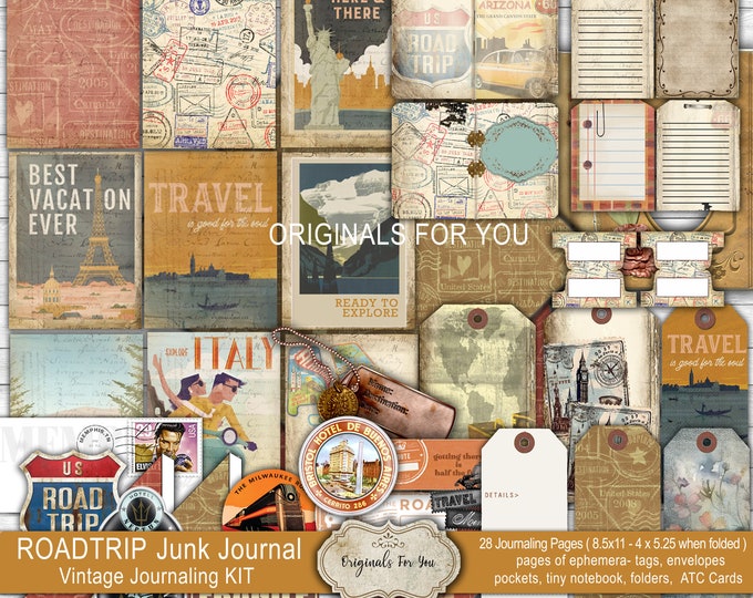 Junk Journal, Shabby, Travel Kit, Road Trip, Camper, RV, Vintage, Vacation, Travel Ephemera, Printable, Digital Download
