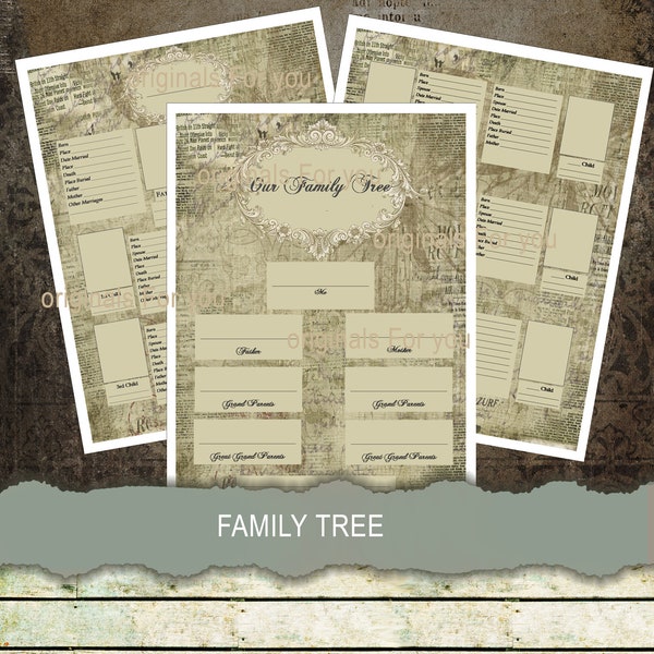 Family Tree Download, Family History Kit, Junk Journal, Family Tree, Scrapbook, Genealogy, Story, Chart, Shabby, Digital Download, vintage