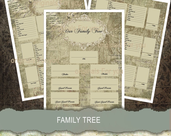 Family Tree Download, Family History Kit, Junk Journal, Family Tree, Scrapbook, Genealogy, Story, Chart, Shabby, Digital Download, vintage