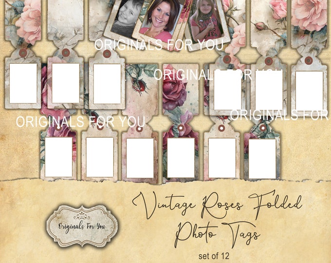 SHABBY CHIC Vintage Roses - Folded Photo TAGS, Junk Journal, Pages, Floral, Vintage, Shabby, Backing, Pink, Printable, Digital Download