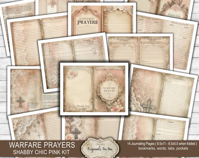 SHABBY CHIC Pink Christian Warfare Prayer Journal kit, Collage Sheet, Digital Download, Printable, Bible Verses, Prayer, Bible, bookmarks