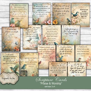 Cartões bíblicos cristãos SHABBY CHIC para impressão sobre "Louvor e Adoração", folha de colagem, download digital, versículos bíblicos para impressão, cartões de oração