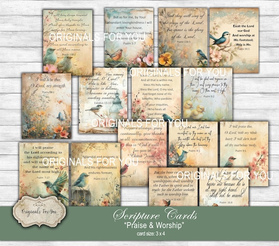 SHABBY CHIC Christian Printable Scripture cards on "Praise & Worship", Collage Sheet, Digital Download, Printable Bible Verses, Prayer Cards