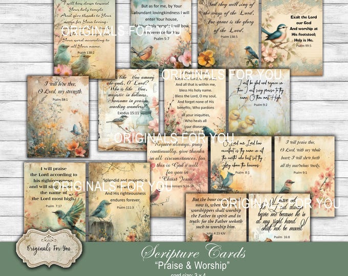 SHABBY CHIC Christian Printable Scripture cards on "Praise & Worship", Collage Sheet, Digital Download, Printable Bible Verses, Prayer Cards