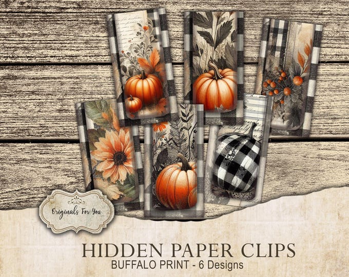 HIDDEN PAPER CLIPS for Junk Journals, papers and Books, "Buffalo Print Pumpkins" use for book markers or tabs