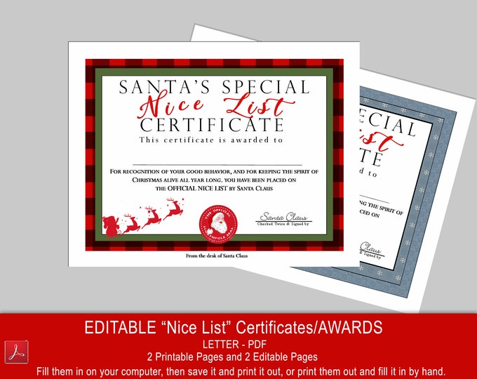 EDITABLE "nice list" AWARDS, CERTIFICATES, Christmas, printable, editable