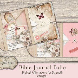 Shabby Chic Christian Prayer Journal Folio Kit, Biblical Affirmations for Strength, Digital Download, Bible Verses, KJV, NIV, folding folio