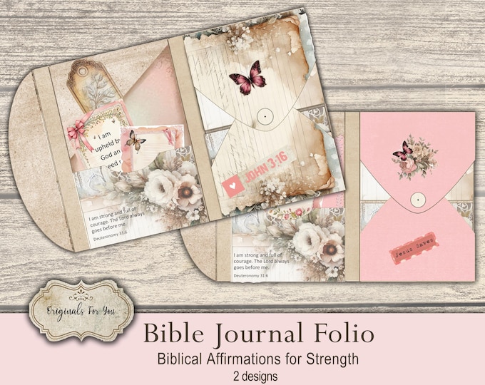 Shabby Chic Christian Prayer Journal Folio Kit, Biblical Affirmations for Strength, Digital Download, Bible Verses, KJV, NIV, folding folio