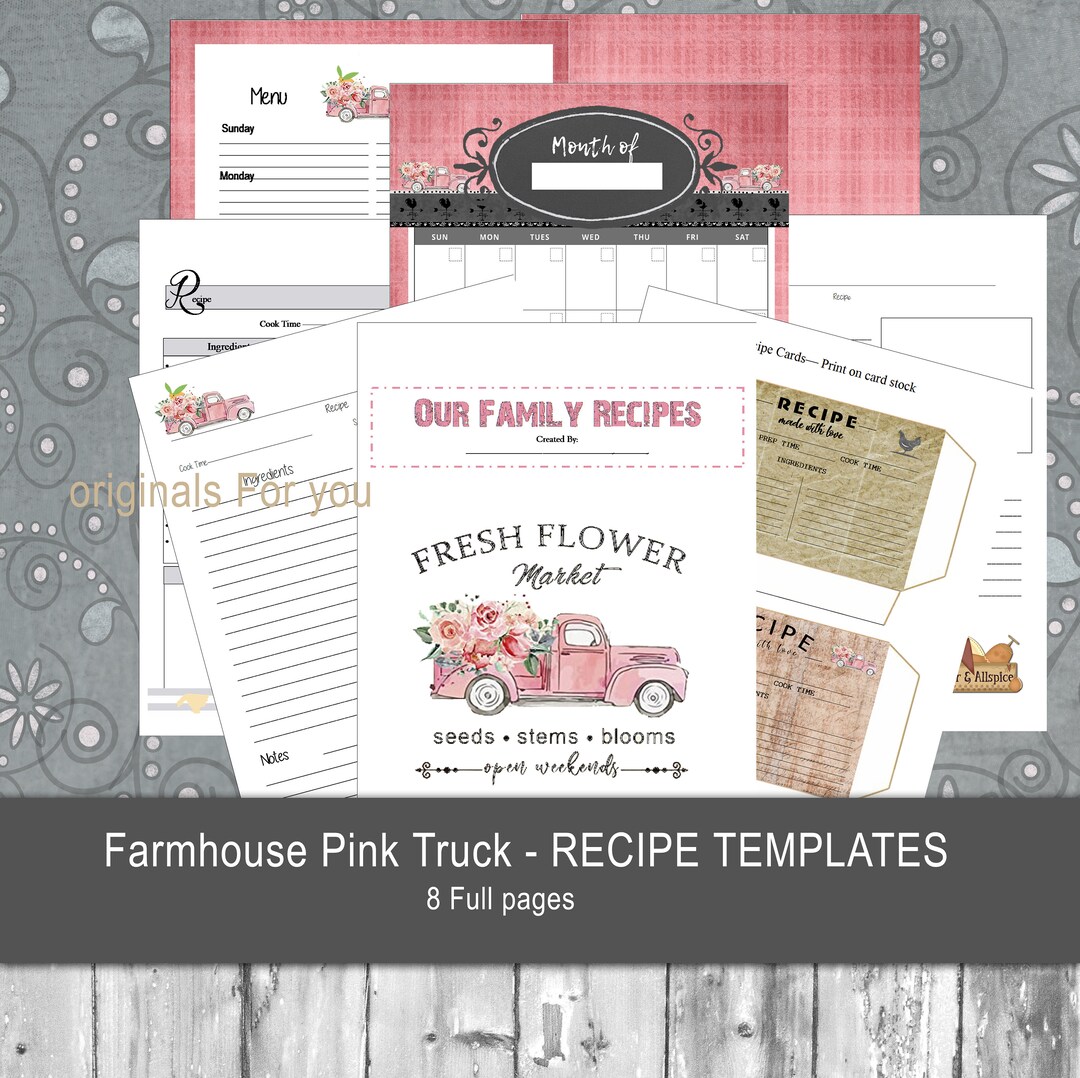 FARMHOUSE Pink Truck RECIPE Templates Printable Journal Instant PDF ...