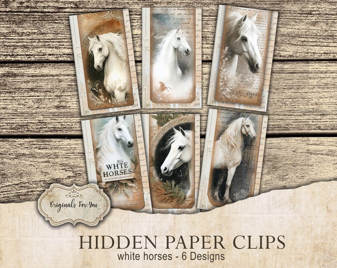 HIDDEN PAPER CLIPS for Junk Journals, papers and Books, "White Horses" use for book markers or tabs