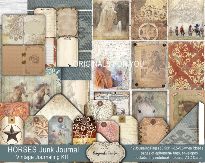 HORSE Junk Journal, Vintage Journaling Kit, equestrian, Horse Ephemera,  Tags, Digital Download, Junk Journal Kit, Western