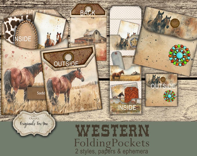 Folding Card Pockets, WESTERN, horses, junk journal, Printable Ephemera, Embellishment, download and print
