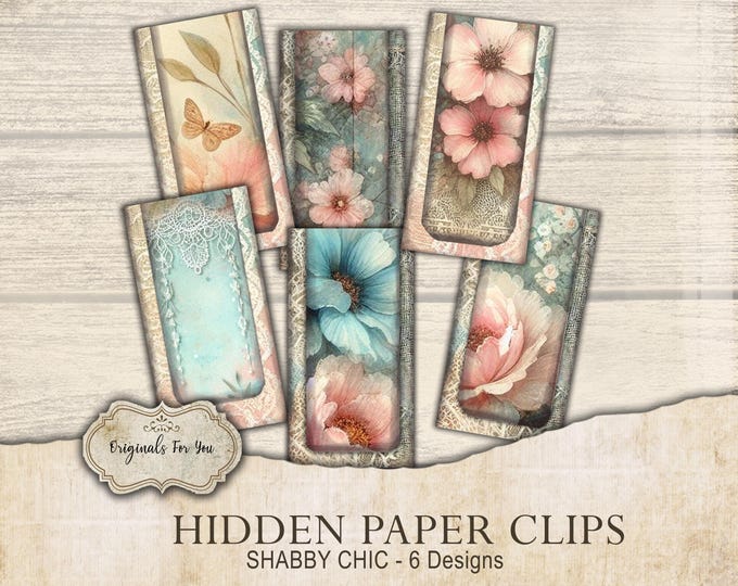 Shabby Chic, HIDDEN PAPER CLIPS for Junk Journals, papers and Books, use for book markers or tab