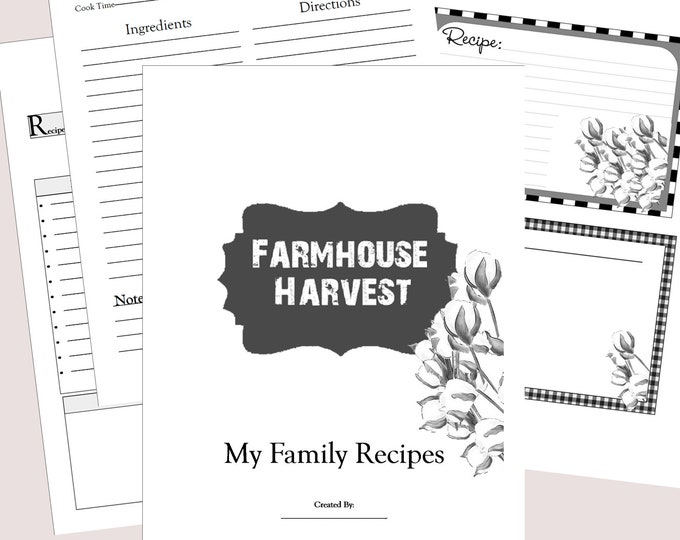 FARMHOUSE Cotton Balls Blank Printable Recipe Notebook, Large 8.5x11" Recipe book