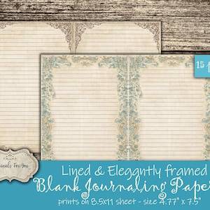 Op de afbeelding: Gelijnde en elegant omlijste blanco journaling papieren. De papieren hebben een vintage esthetiek met een crèmekleurige achtergrond en sierlijke hoekontwerpen in teal en goud. De papieren zijn gelijnd en gedrukt op vellen van 21,6 x 27,9 cm, met een afmeting van 12,12 cm x 19,05 cm.